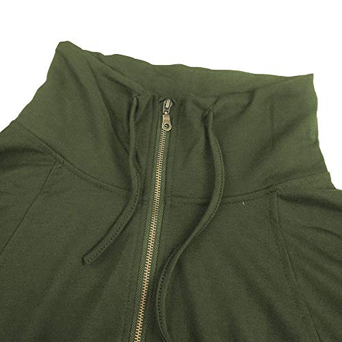 Mujeres Casual Solapa Cuello Alto Cremallera Sudadera Pullover Manga Larga Cordón Suéter Tops con Bolsillo (Verde, XL)