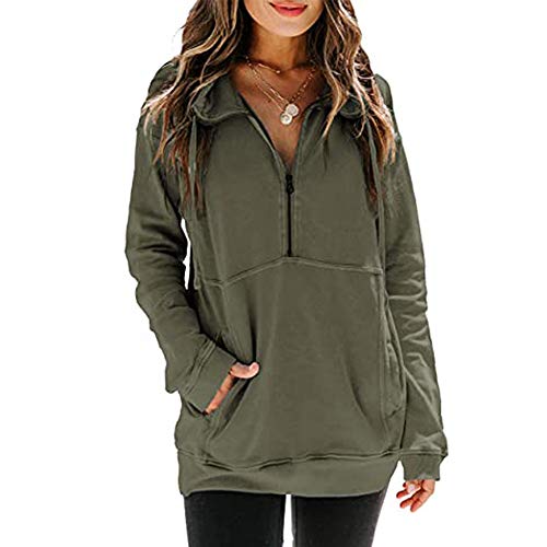 Mujeres Casual Solapa Cuello Alto Cremallera Sudadera Pullover Manga Larga Cordón Suéter Tops con Bolsillo (Verde, XL)