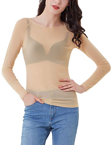 Mujeres de la Moda Tops de Tul Transparentes Blusa de Manga Larga Sexy Camisa Beiga XL CL011046-3