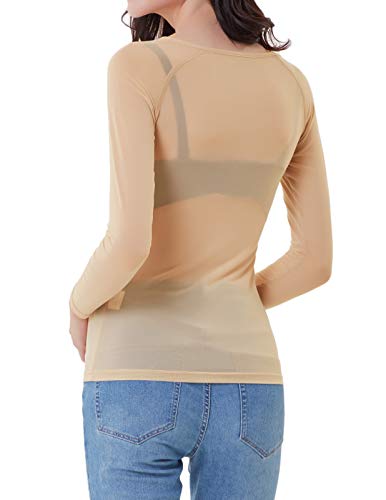 Mujeres de la Moda Tops de Tul Transparentes Blusa de Manga Larga Sexy Camisa Beiga XL CL011046-3