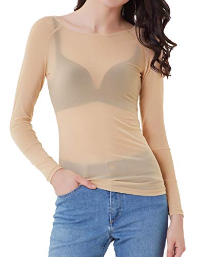 Mujeres de la Moda Tops de Tul Transparentes Blusa de Manga Larga Sexy Camisa Beiga XL CL011046-3