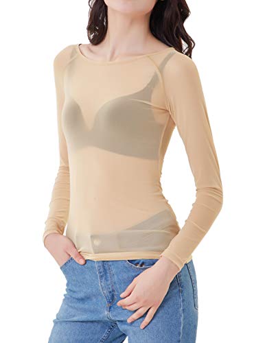 Mujeres de la Moda Tops de Tul Transparentes Blusa de Manga Larga Sexy Camisa Beiga XL CL011046-3