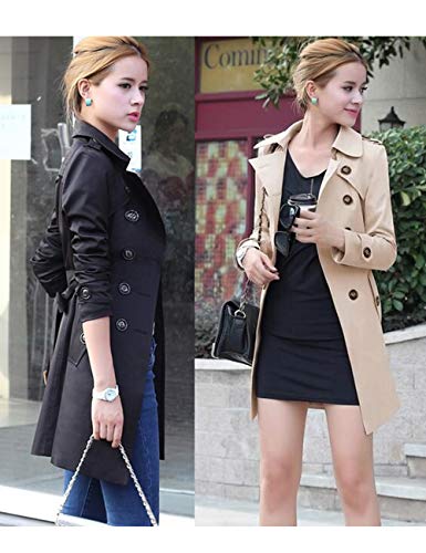 Mujeres Doble De Pecho Gabardina Larga con Cinturón Manga Larga Abrigos Caqui M