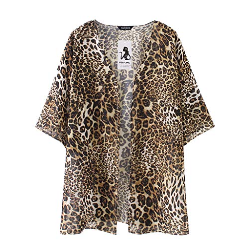 Mujeres Gasa Chal impresión de Leopardo Kimono Cardigan Top Cover Up Blusa Ropa de Playa
