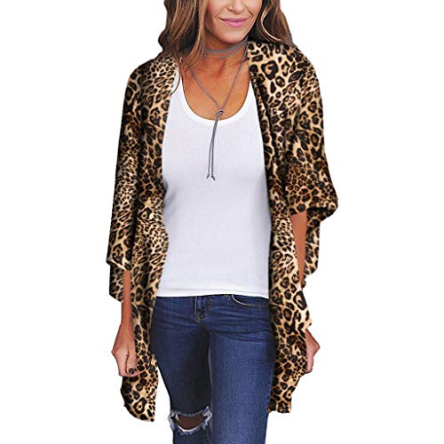 Mujeres Gasa Chal impresión de Leopardo Kimono Cardigan Top Cover Up Blusa Ropa de Playa