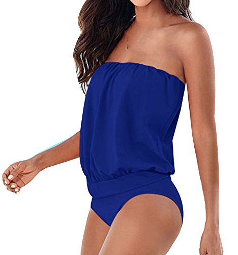 Mujeres Push-Up Beach Bikini Set Trajes De Baño De Color Sólido Conjuntos Top Cintura Alta Backless Bikinis Azul M
