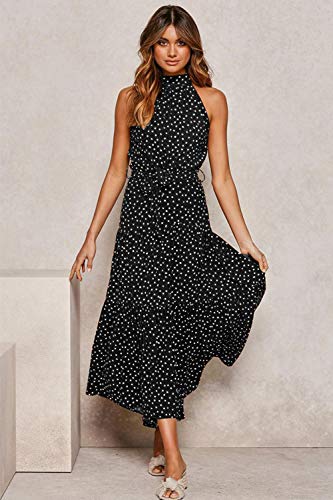 Mujeres Verano Bohemio Vestido Halter Sin Mangas Skater Floral Maxi Vestidos Negro L