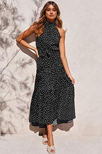 Mujeres Verano Bohemio Vestido Halter Sin Mangas Skater Floral Maxi Vestidos Negro L