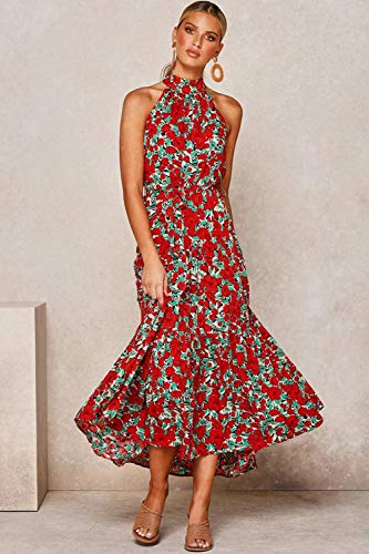 Mujeres Verano Bohemio Vestido Halter Sin Mangas Skater Floral Maxi Vestidos Rojo L