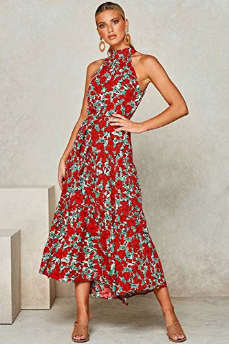 Mujeres Verano Bohemio Vestido Halter Sin Mangas Skater Floral Maxi Vestidos Rojo L