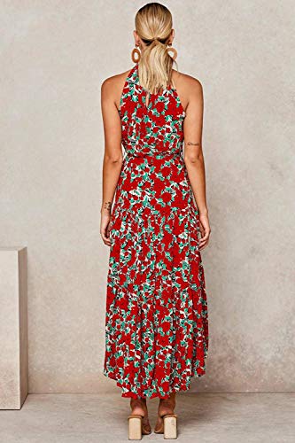 Mujeres Verano Bohemio Vestido Halter Sin Mangas Skater Floral Maxi Vestidos Rojo L