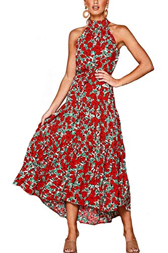 Mujeres Verano Bohemio Vestido Halter Sin Mangas Skater Floral Maxi Vestidos Rojo L