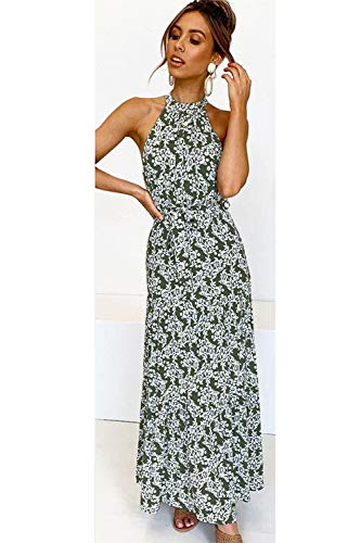 Mujeres Verano Bohemio Vestido Halter Sin Mangas Skater Floral Maxi Vestidos Verde M