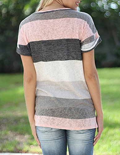 Mujeres Verano Camisetas Pullover Casual Camisa Manga Corta Cuello V Blusa Rayadas Patchwork Elástico Tops