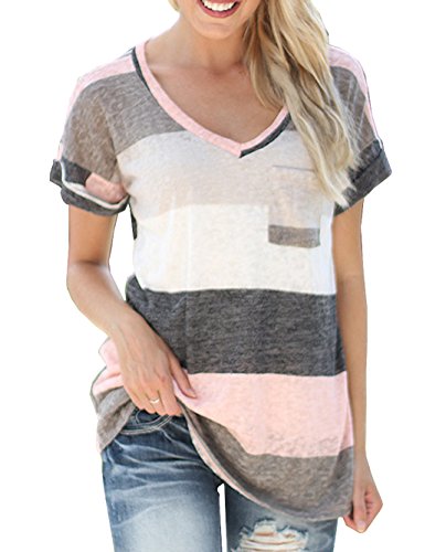 Mujeres Verano Camisetas Pullover Casual Camisa Manga Corta Cuello V Blusa Rayadas Patchwork Elástico Tops