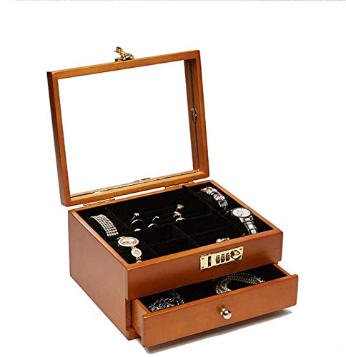 Multifunctional Reloj Caja de almacenamiento de 2 capas Caja de almacenamiento de reloj de madera maciza con bloqueo de contraseña Caja de joyería Caja de visualización (Color: Marrón, Tamaño: 25x20.3