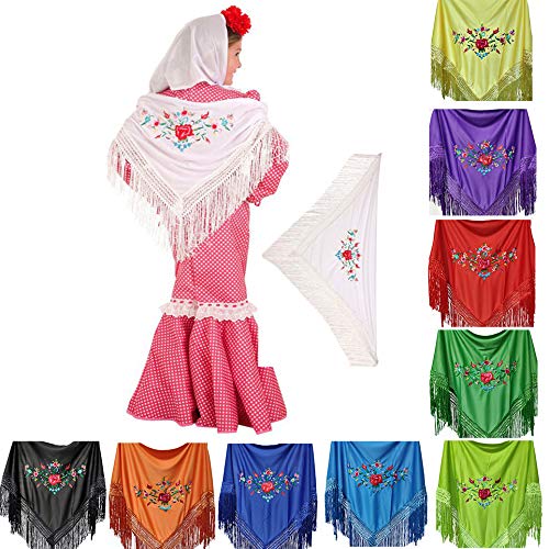 MUNDDY - Mantón Bordado en Flores Para niña. Mantones Flamenco Sevillana.Color Rojo Negro Rosa Blanco Amarillo Azul. Envio desde madrid con seguimiento. … (Rojo)