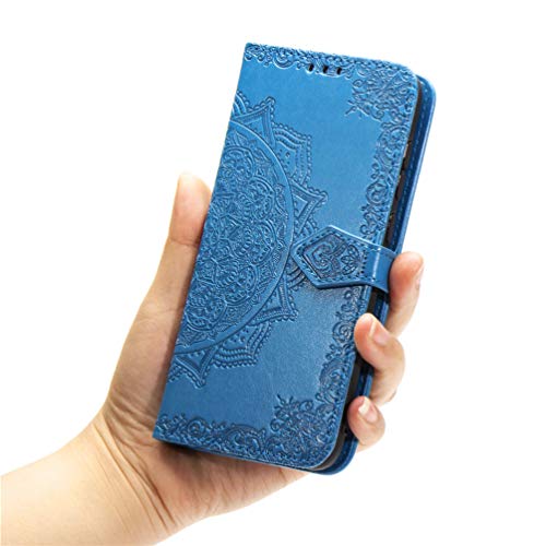 MUSESHOP Funda Xiaomi Redmi Note 7, Estuche de Cuero Estampado Mandala Libro de Cuero con Tapa y Cartera, Carcasa PU Leather con TPU Silicona Case Interna Suave - Azul