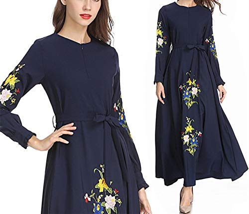 Musulmán Dama Bordado Vestir Mujer Manga Larga Túnica Antiguo Art Hembra Elegante Medio Este Vestidos Azul M