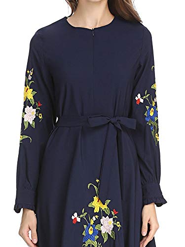 Musulmán Dama Bordado Vestir Mujer Manga Larga Túnica Antiguo Art Hembra Elegante Medio Este Vestidos Azul M