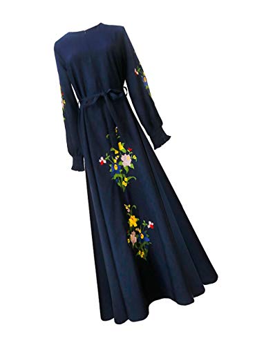 Musulmán Dama Bordado Vestir Mujer Manga Larga Túnica Antiguo Art Hembra Elegante Medio Este Vestidos Azul M