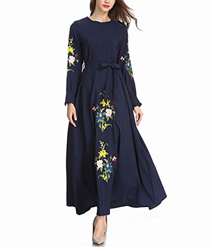 Musulmán Dama Bordado Vestir Mujer Manga Larga Túnica Antiguo Art Hembra Elegante Medio Este Vestidos Azul M