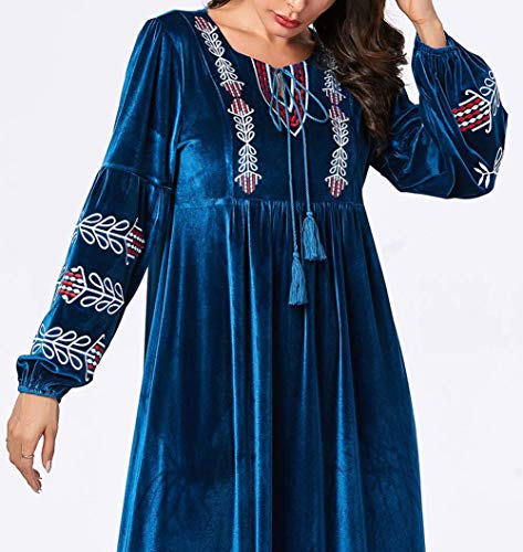 Musulmán Vestido Mujer Islámico Ropa - Talla Extra Túnica Maxi Mangas Largas Abaya Arabe Robe Casual Azul XXXXL
