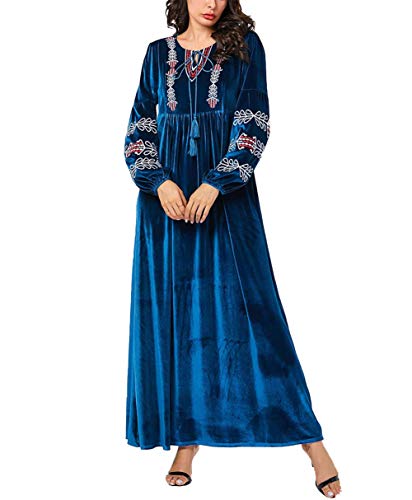 Musulmán Vestido Mujer Islámico Ropa - Talla Extra Túnica Maxi Mangas Largas Abaya Arabe Robe Casual Azul XXXXL
