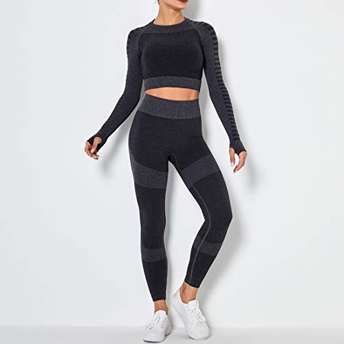 MUYOGRT Mujeres Tops Yoga Seamless Gradient Top de Manga Larga Pantalon Deportivo Leggings Sin Costuras Mujer Alta Cintura Elásticos Fitness para Gym Running Yoga(#1，M)