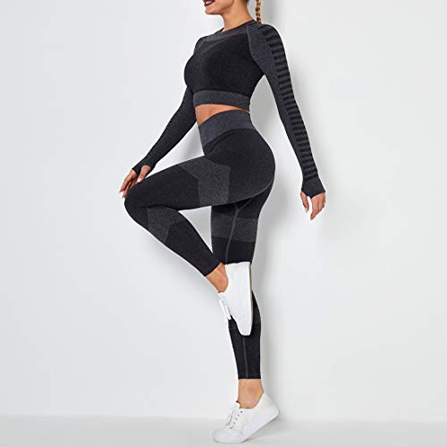 MUYOGRT Mujeres Tops Yoga Seamless Gradient Top de Manga Larga Pantalon Deportivo Leggings Sin Costuras Mujer Alta Cintura Elásticos Fitness para Gym Running Yoga(#1，M)