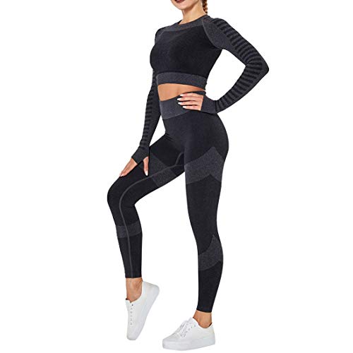 MUYOGRT Mujeres Tops Yoga Seamless Gradient Top de Manga Larga Pantalon Deportivo Leggings Sin Costuras Mujer Alta Cintura Elásticos Fitness para Gym Running Yoga(#1，M)