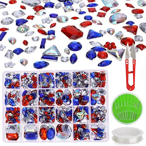 MWOOT 700 Piezas Diamantes de Acrílicas para Decorar Prendas Ropa Manualidades, Kit de Piedras Decorativas (Varios Tamaños y Formas) con Tijera de Costura, Agujas y Cordón, Colorido Perlas
