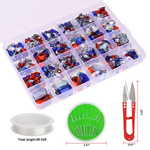 MWOOT 700 Piezas Diamantes de Acrílicas para Decorar Prendas Ropa Manualidades, Kit de Piedras Decorativas (Varios Tamaños y Formas) con Tijera de Costura, Agujas y Cordón, Colorido Perlas