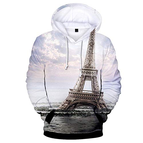 MYPNB Capucha Casual impresión 3D Sudaderas con Capucha, París Torre Blanco de Manga Larga Transpirable Unisex con Capucha Ajustable con cordón Jerseys con Bolsillo Canguro