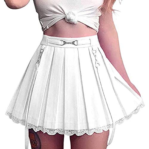 N /C Mini Faldas Plisadas de Retazos de Encaje Sexis para Mujer, Faldas Plisadas Cortas con Cordones de Cintura Alta, Faldas góticas (White, S)