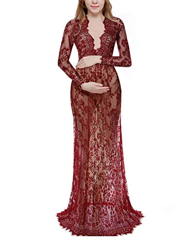 Naliha Maxi Vestidos para Mujeres Vestido De Maternidad De Encaje PuroMaxi Vestido De Fotografía Borgoña M
