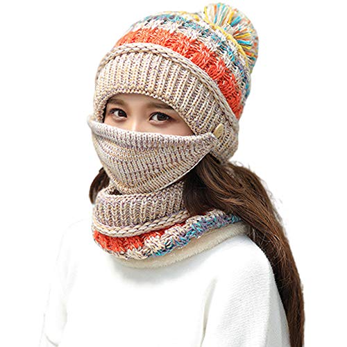 Nanxson 3 Piezas Conjunto de Gorros y Mascarilla Facial para Mujer Gorro de Lana Calentar Sombrero para Invierno MZW0162 (Beige)