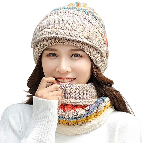 Nanxson 3 Piezas Conjunto de Gorros y Mascarilla Facial para Mujer Gorro de Lana Calentar Sombrero para Invierno MZW0162 (Beige)