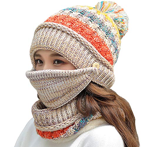 Nanxson 3 Piezas Conjunto de Gorros y Mascarilla Facial para Mujer Gorro de Lana Calentar Sombrero para Invierno MZW0162 (Beige)