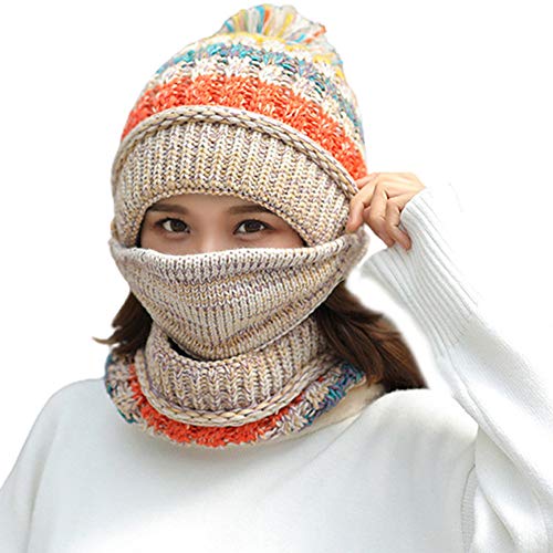 Nanxson 3 Piezas Conjunto de Gorros y Mascarilla Facial para Mujer Gorro de Lana Calentar Sombrero para Invierno MZW0162 (Beige)
