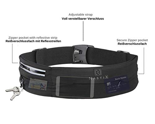 NastiX Cinturón de Correr/riñonera teléfono móvil, cinturón Deportivo con Bolsillo con Cremallera, Bolsillo de Cadera con Cierre Ajustable, Unisex, elástico, para Todas Las Actividades - Negro