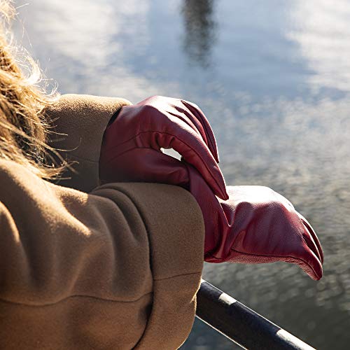 Navaris Guantes de cuero para mujer - Con función táctil para pantalla - 2x Guante de piel genuina de napa y forro de cachemira - Tallas M en rojo