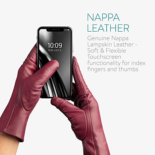 Navaris Guantes de cuero para mujer - Con función táctil para pantalla - 2x Guante de piel genuina de napa y forro de cachemira - Tallas M en rojo