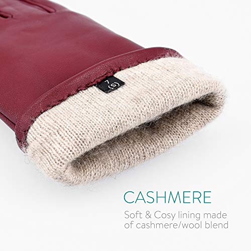 Navaris Guantes de cuero para mujer - Con función táctil para pantalla - 2x Guante de piel genuina de napa y forro de cachemira - Tallas M en rojo