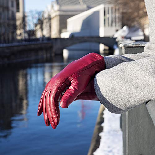 Navaris Guantes de cuero para mujer - Con función táctil para pantalla - 2x Guante de piel genuina de napa y forro de cachemira - Tallas M en rojo