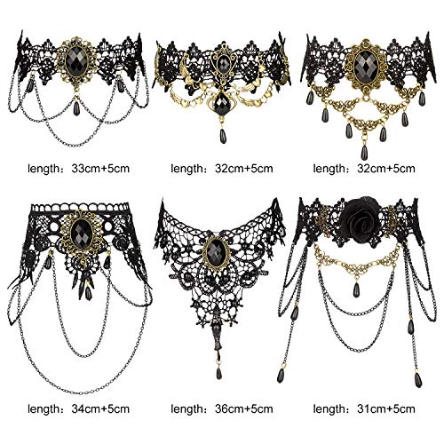 Necklace Choker, PTN Gargantilla de Encaje Collar, Collares de moda con Colgante, Gargantilla con Cadena Colgante Para Mujeres, Niñas, Fiestas, Bodas, Eventos, Halloween, Navidad 6 Piezas