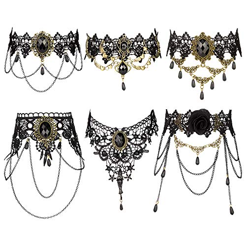 Necklace Choker, PTN Gargantilla de Encaje Collar, Collares de moda con Colgante, Gargantilla con Cadena Colgante Para Mujeres, Niñas, Fiestas, Bodas, Eventos, Halloween, Navidad 6 Piezas