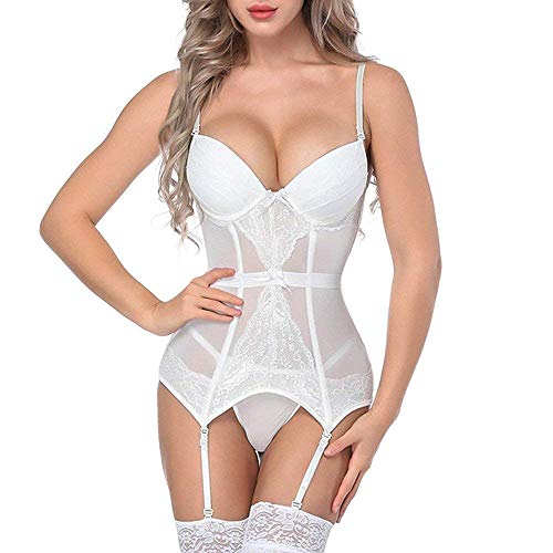 Negligees De Las Mujeres Tentando Ropa Interior Erótica Señoras Mode De Marca De Moda Bustier Corset Cintura Bodycher Body De Lencería (Color : Blanco, Size : L)