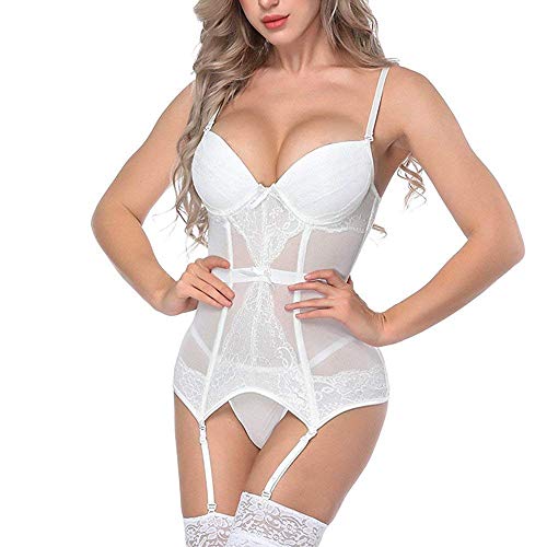 Negligees De Las Mujeres Tentando Ropa Interior Erótica Señoras Mode De Marca De Moda Bustier Corset Cintura Bodycher Body De Lencería (Color : Blanco, Size : L)