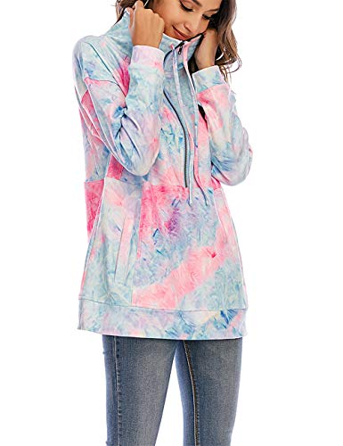 Nekosi - Sudadera de cuello alto para mujer, ligera, con media cremallera, cómoda, de manga larga, con cordón y bolsillos Tie Dye Rosa L
